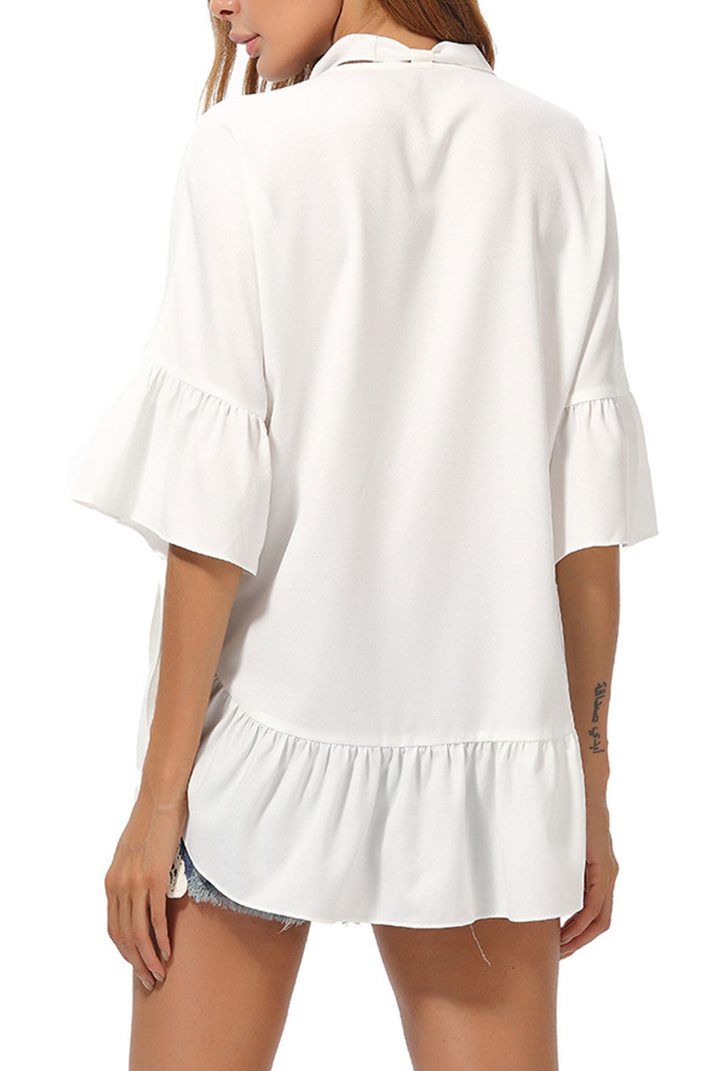 Women Trumpet Sleeve Ruffled Hem Solid Colored Strap Neck Shirt