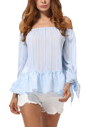 Women Solid Colored Stripe Pattern Ruffled Hem Top