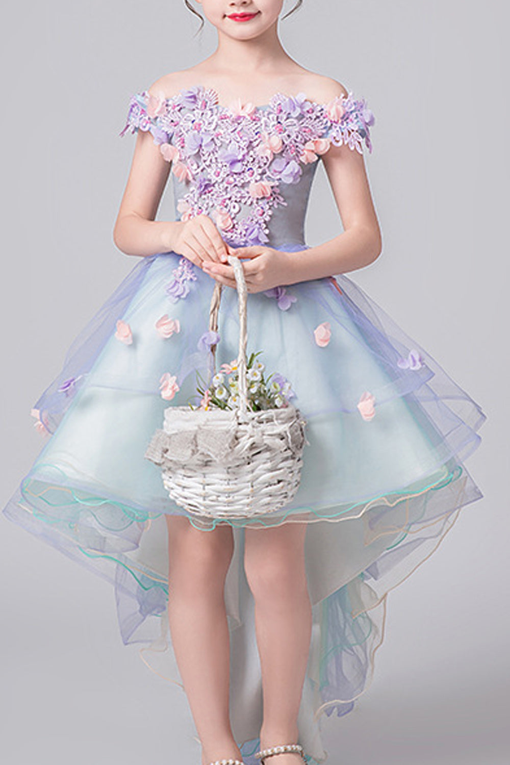 Kids Girls Flower Decorated Off Neck Princess Dress