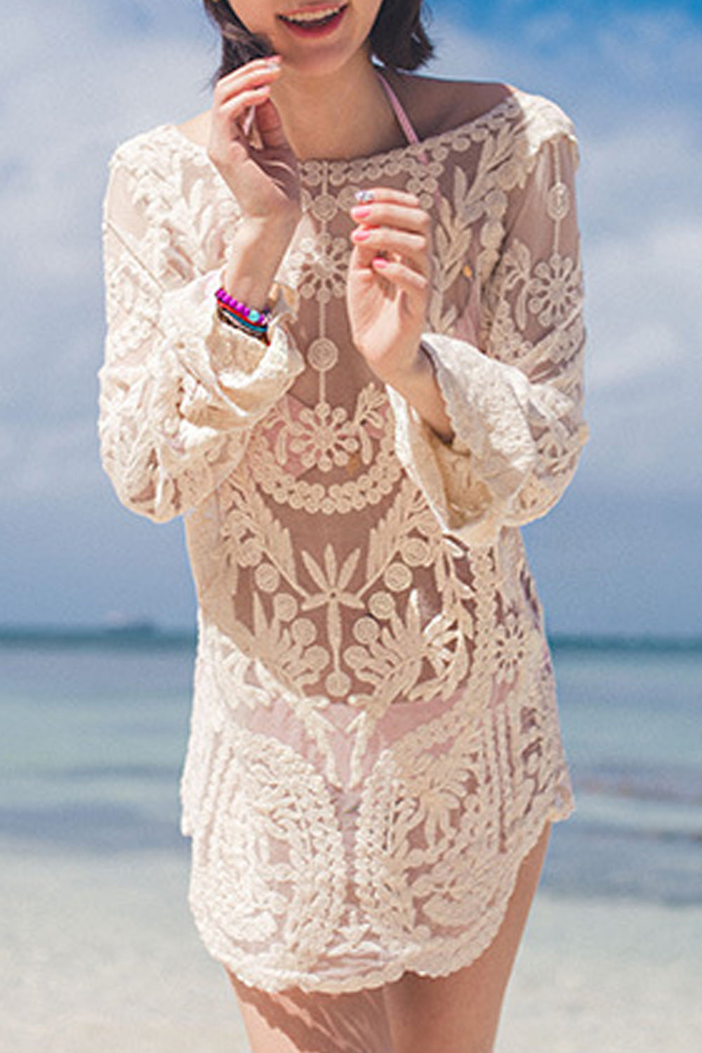 Women Long Sleeve Beautiful Embroidered Cover-Up