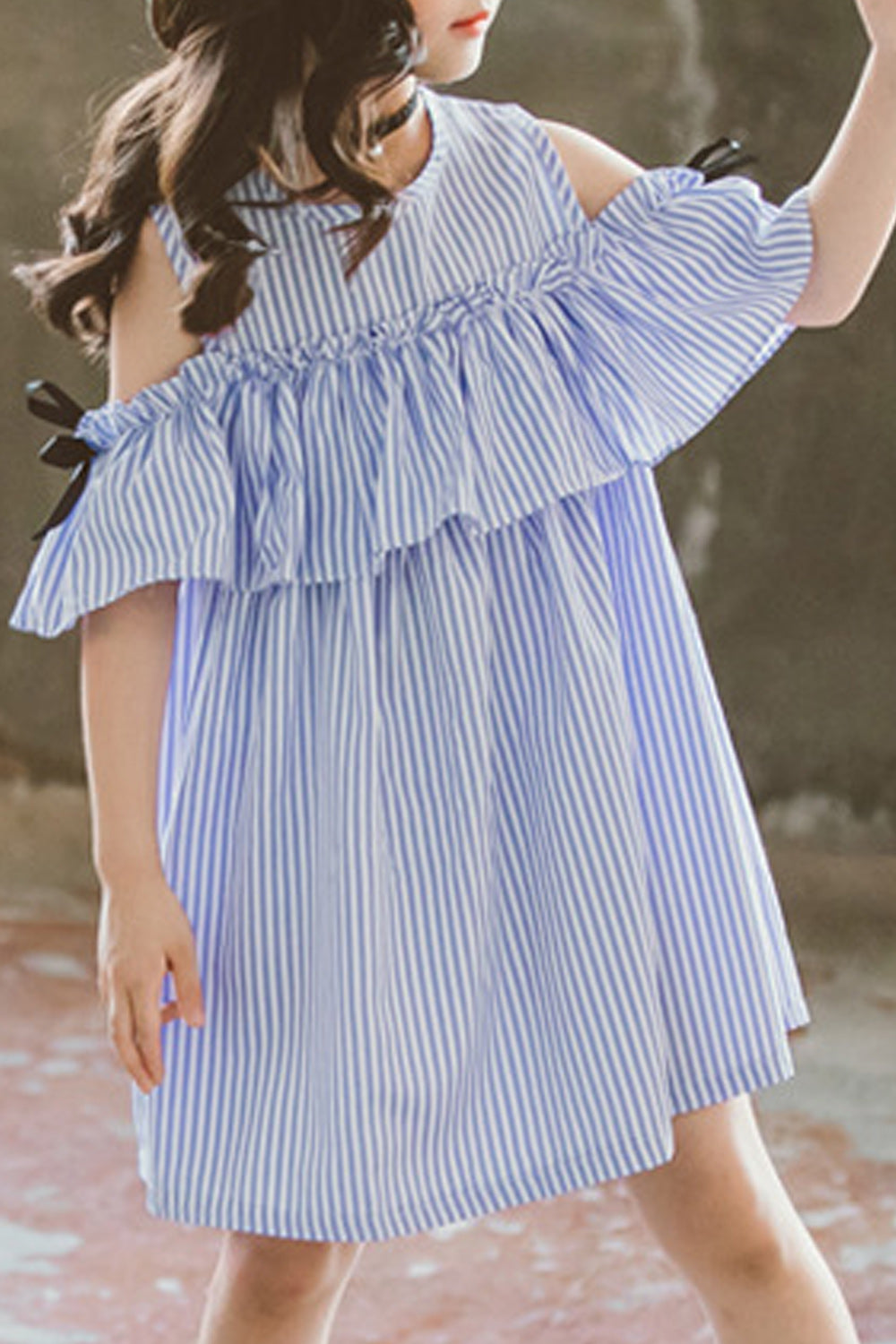 Kids Girls Striped Pattern Off Shoulder Cute Dress