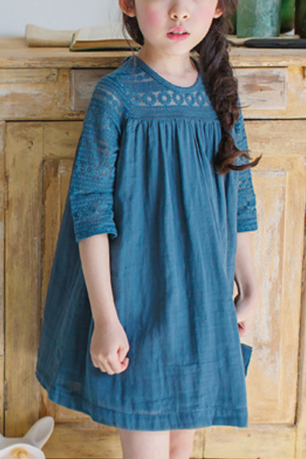 Kids Girls Round Neck Solid Color Short Sleeve Dress