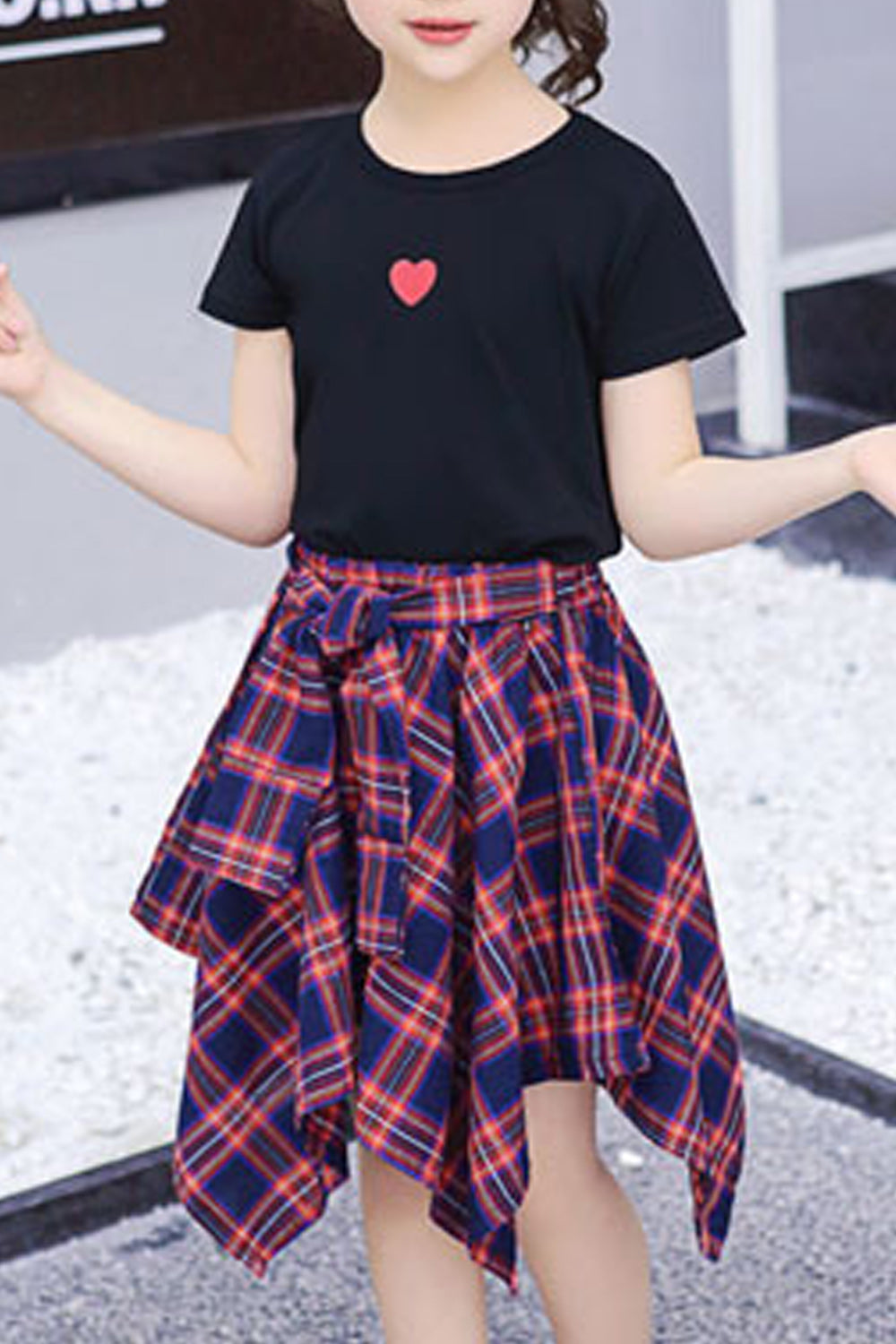 Kids Girls Small Heart Printed Round Neck Printed Skirt Outfit