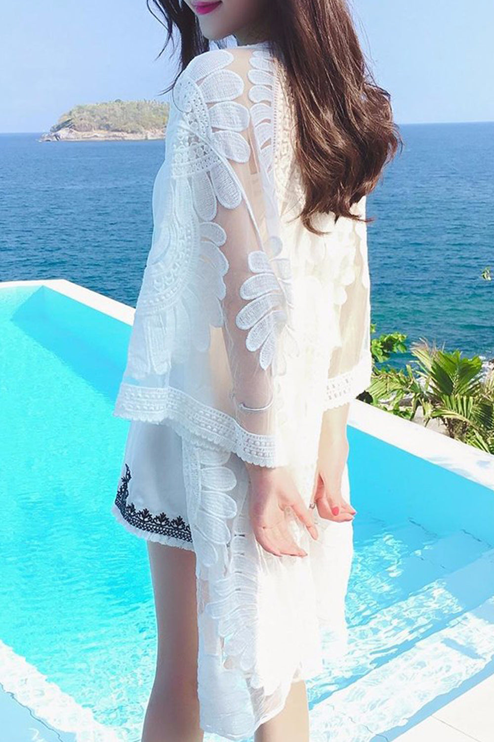 Women Beautiful Flower Embroidered Long Sleeve Beach Cover-Up