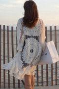 Women Beautiful Flower Embroidered Long Sleeve Beach Cover-Up