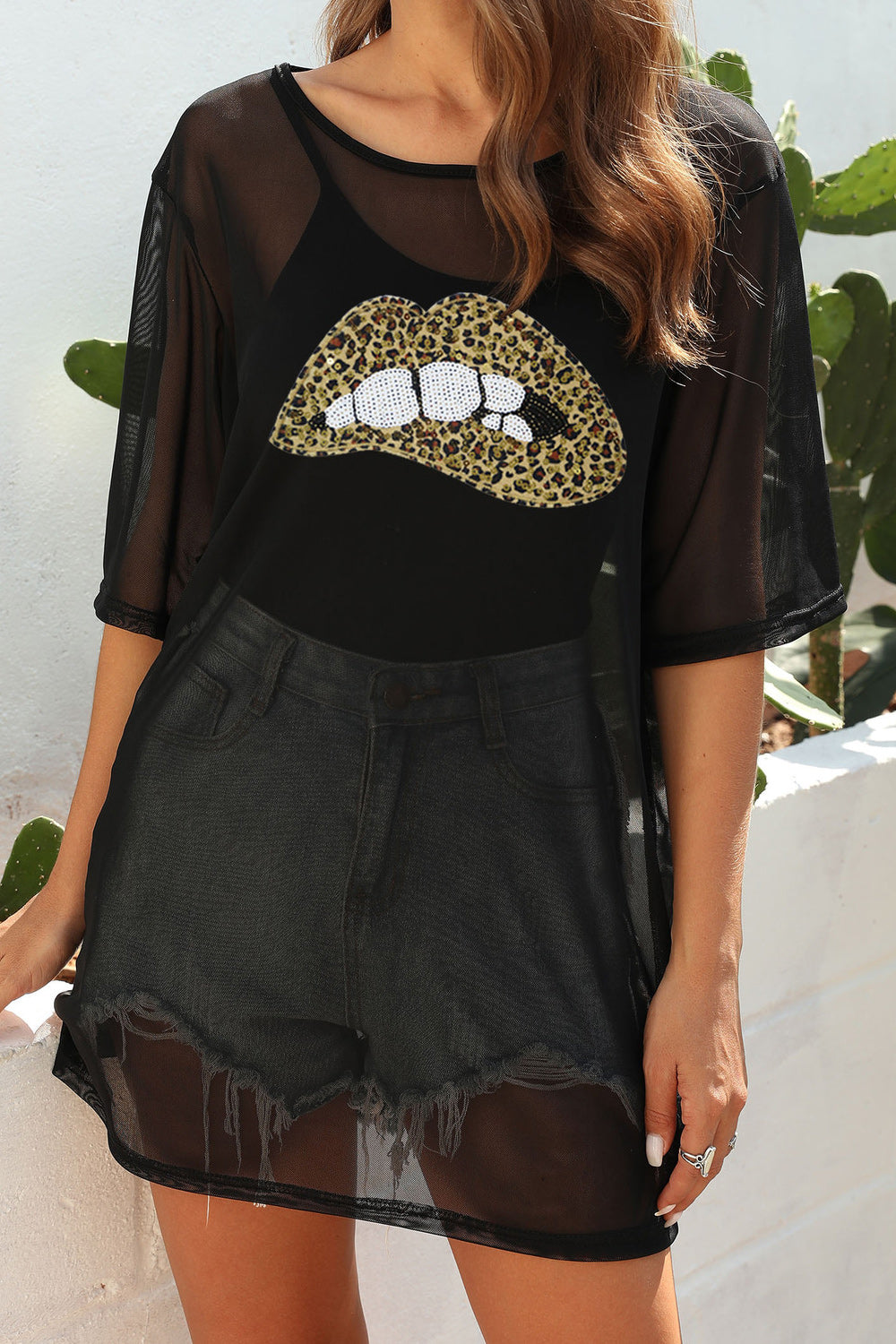 Women Round Neck Half Sleeve Sticker Decorated Cover-Up