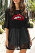 Women Round Neck Half Sleeve Sticker Decorated Cover-Up