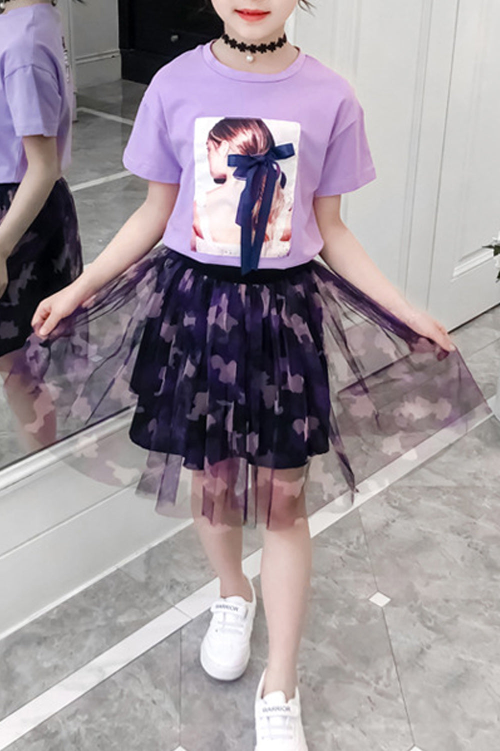 Kids Girls Cartoon Printed Round Neck Ruffled Skirt Outfit Set