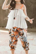 Kids Girls Flower Printed Pant Elasticated Waist Halter Neck Outfit Set