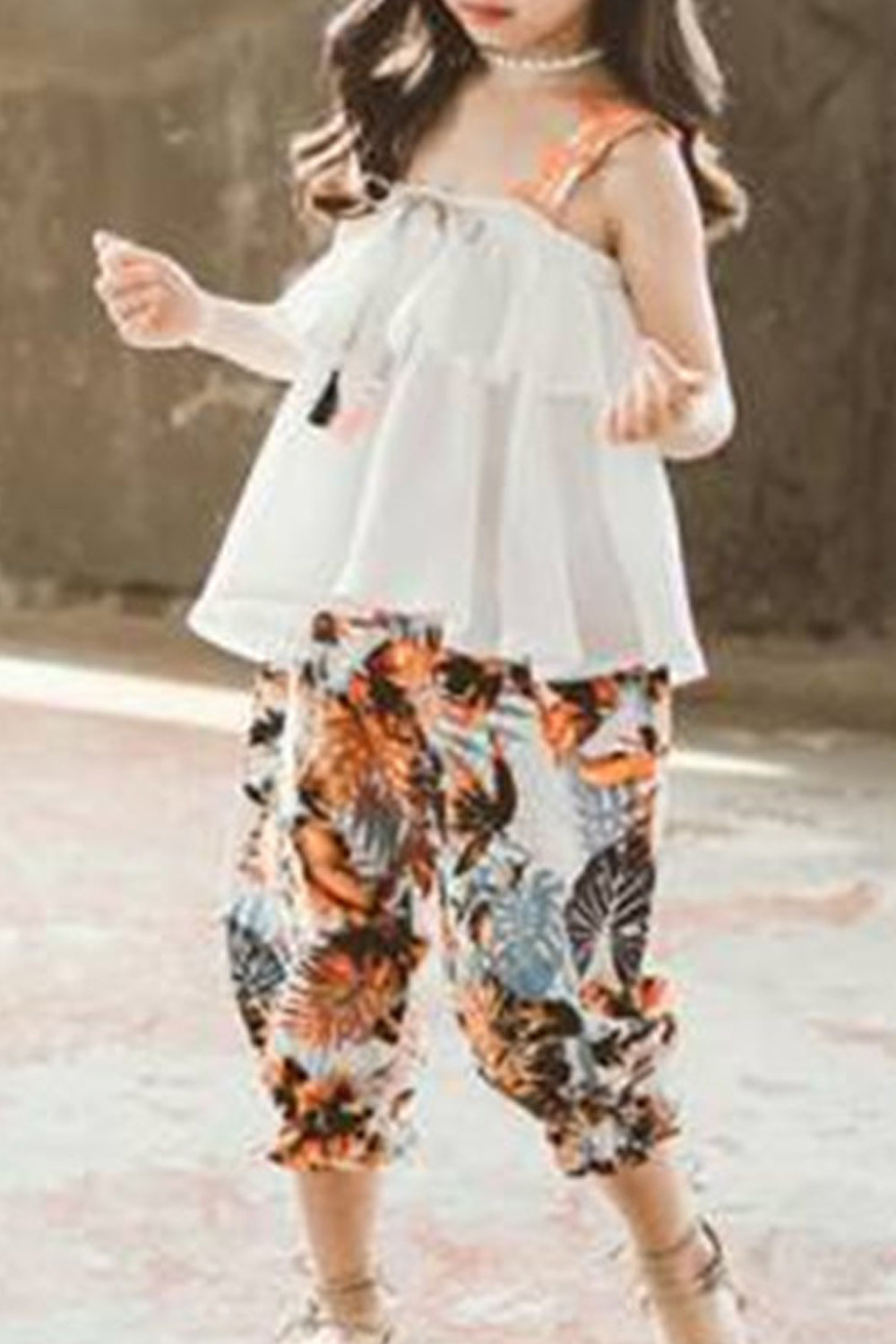 Kids Girls Flower Printed Pant Elasticated Waist Halter Neck Outfit Set