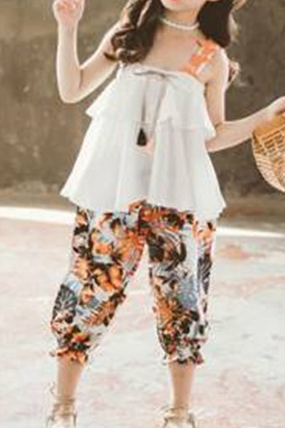 Kids Girls Flower Printed Pant Elasticated Waist Halter Neck Outfit Set