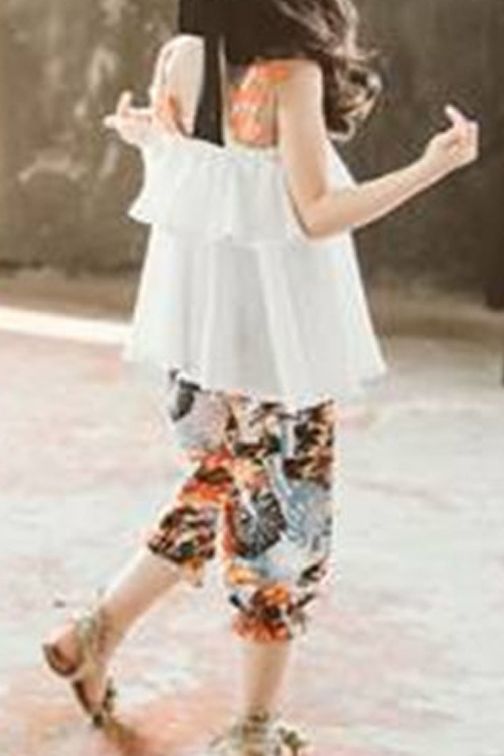 Kids Girls Flower Printed Pant Elasticated Waist Halter Neck Outfit Set