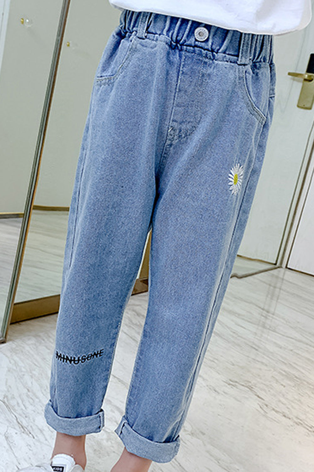 Kids Girls Elasticated Waist Loose Fit Breathable Soft Jeans