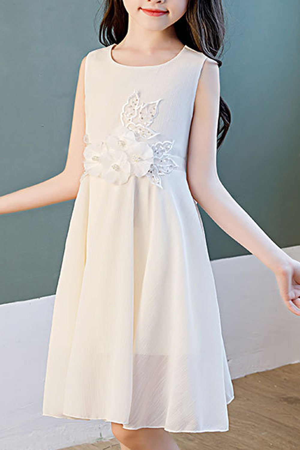 Kids Girls Solid Color Decorated Sleeveless Princess Dress
