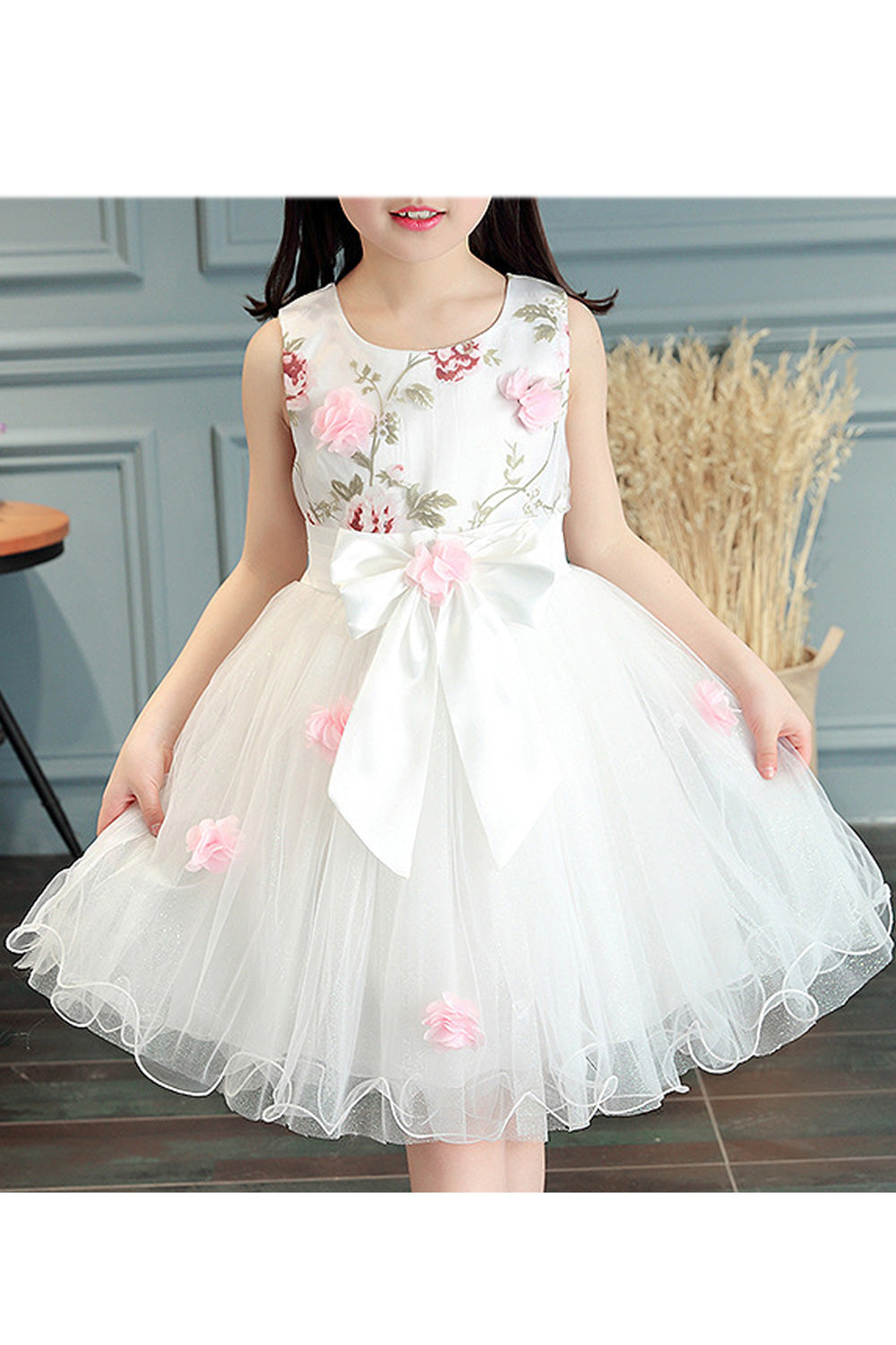 Kids Girls Round Neck Flower Decorated Mesh Dress