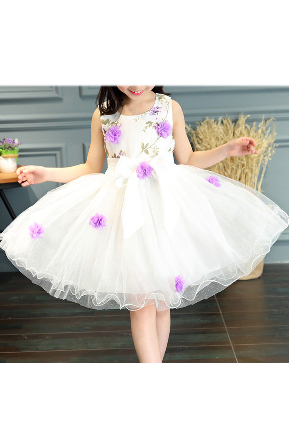 Kids Girls Round Neck Flower Decorated Mesh Dress