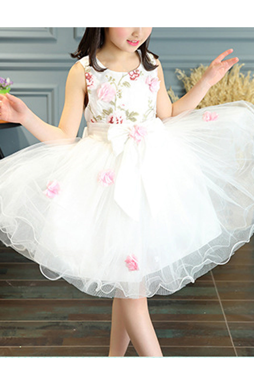 Kids Girls Round Neck Flower Decorated Mesh Dress