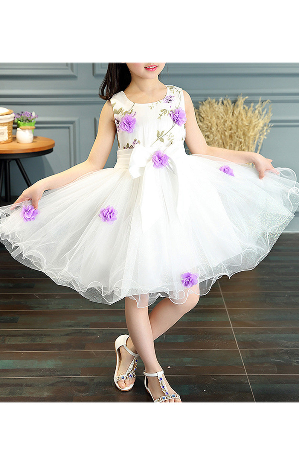 Kids Girls Round Neck Flower Decorated Mesh Dress