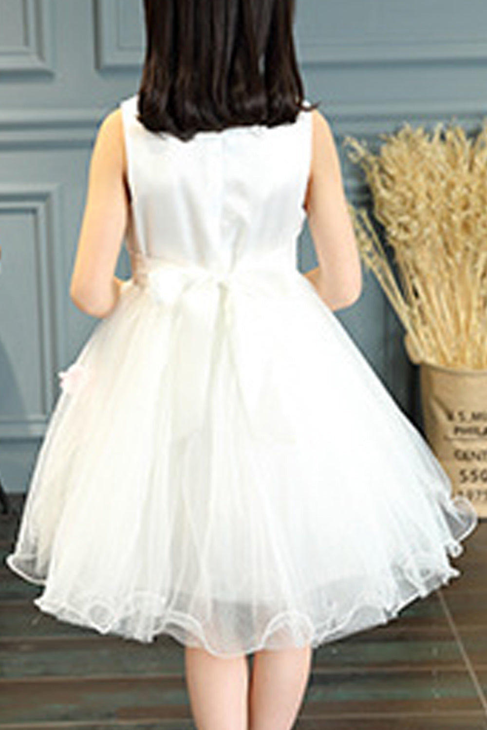 Kids Girls Round Neck Flower Decorated Mesh Dress