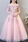 Kids Girls Off Neck Pleated Decorated Princess Evening Dress