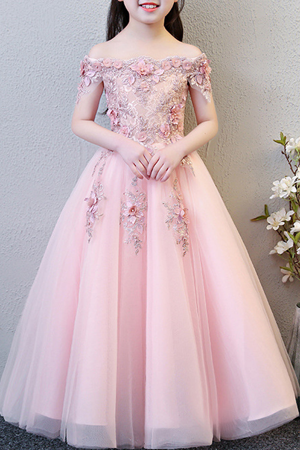 Kids Girls Off Neck Pleated Decorated Princess Evening Dress