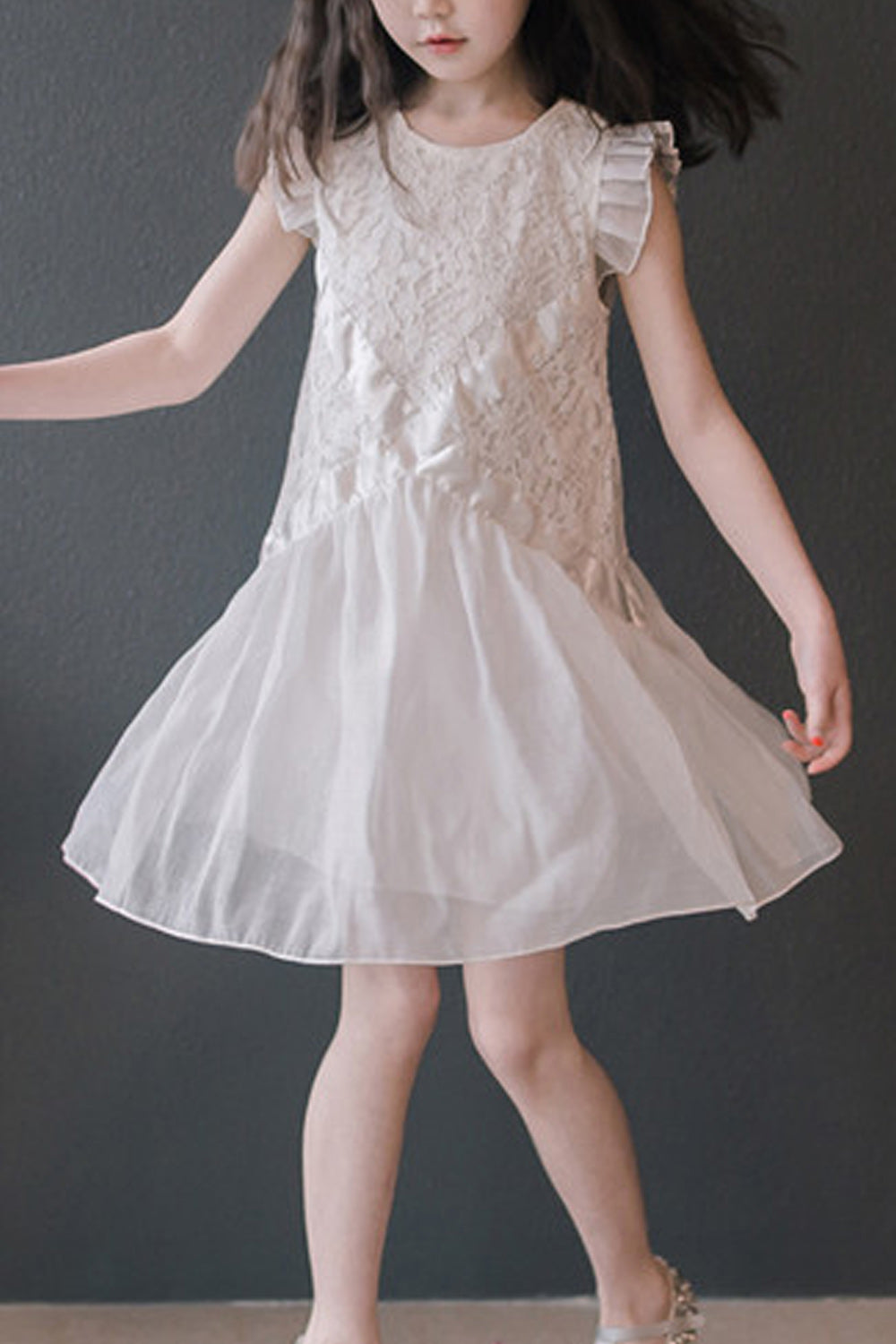 Kids Girls Fluffy Lace Round Neck Summer Dress