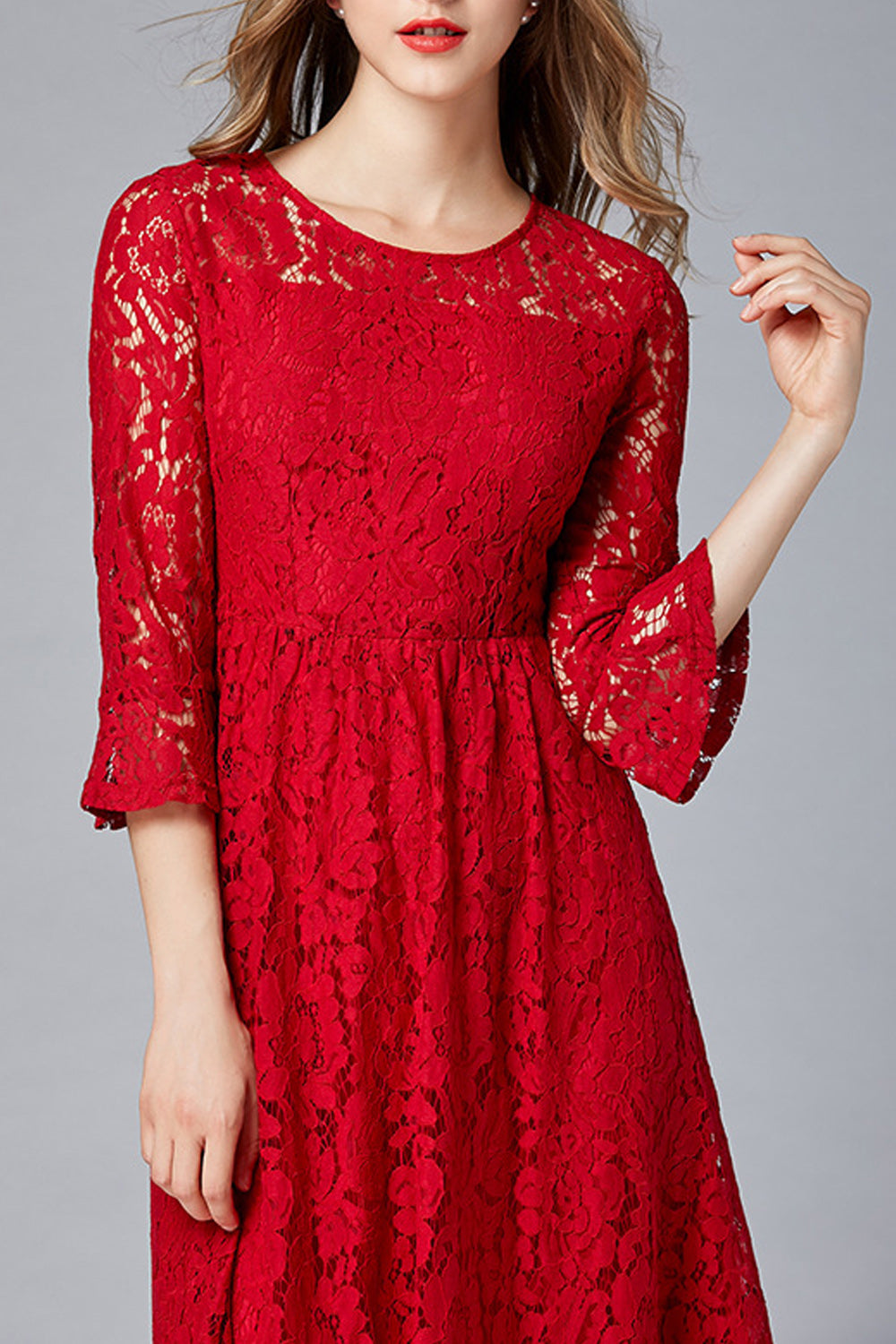 Women Round Neck Quarter Sleeve Pleated Dress