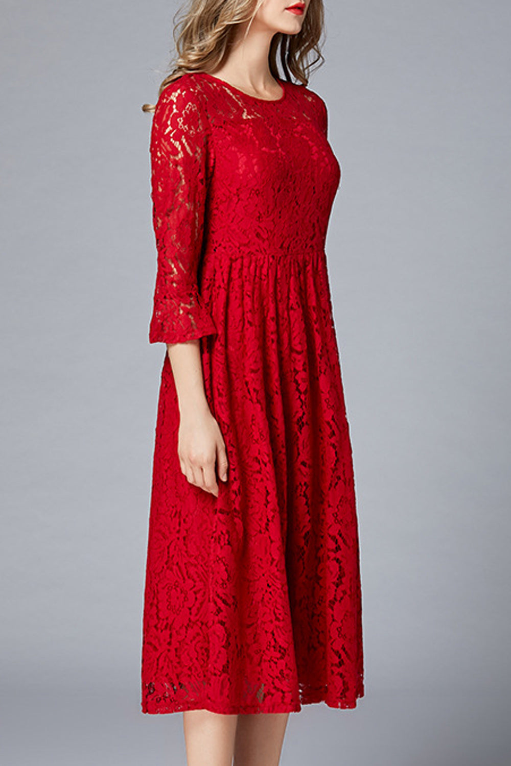 Women Round Neck Quarter Sleeve Pleated Dress