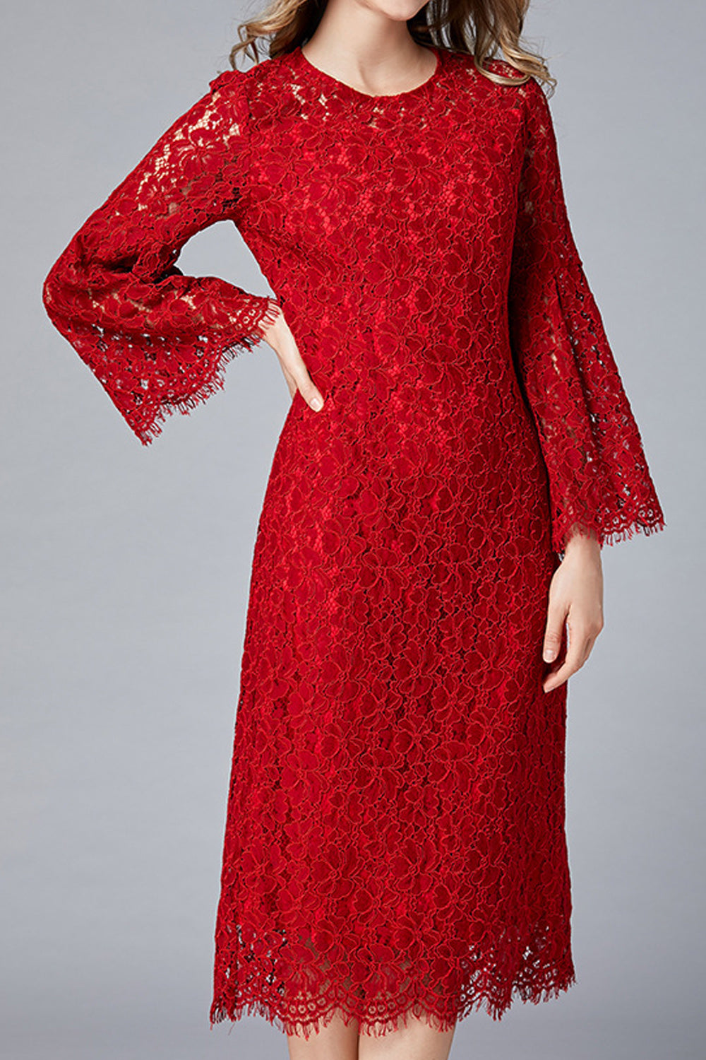 Women Beautiful Floral Lace Solid Color Flare Sleeve Dress