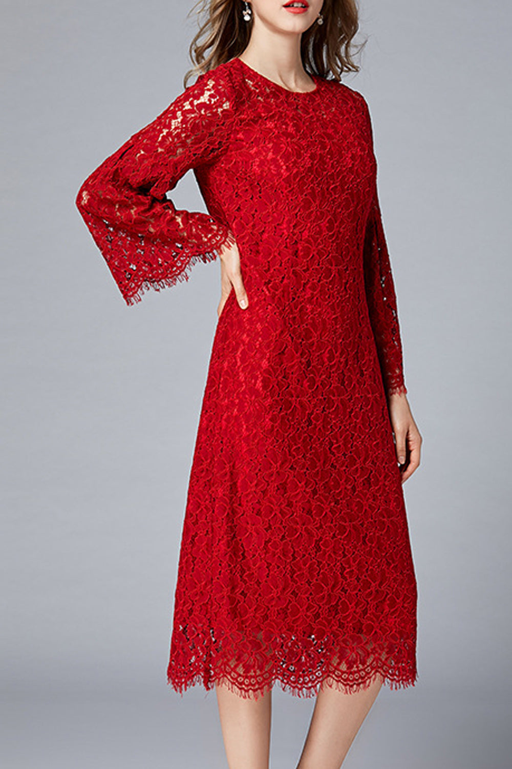Women Beautiful Floral Lace Solid Color Flare Sleeve Dress