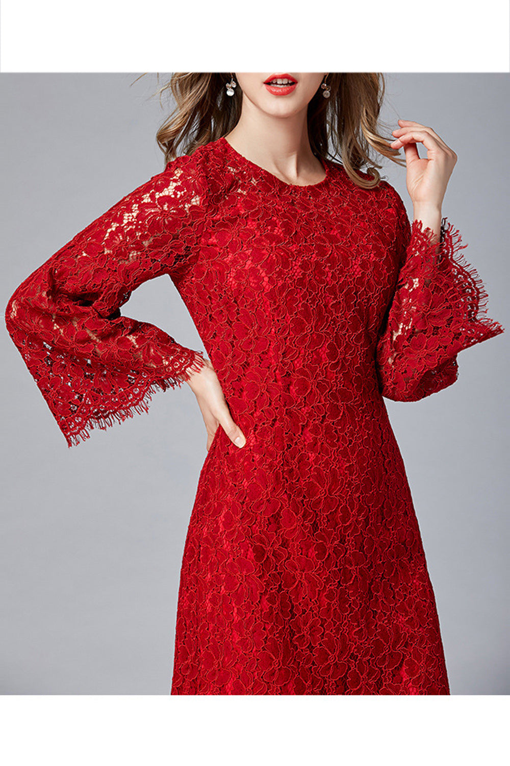 Women Beautiful Floral Lace Solid Color Flare Sleeve Dress