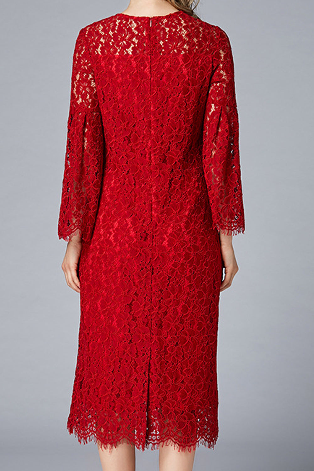 Women Beautiful Floral Lace Solid Color Flare Sleeve Dress