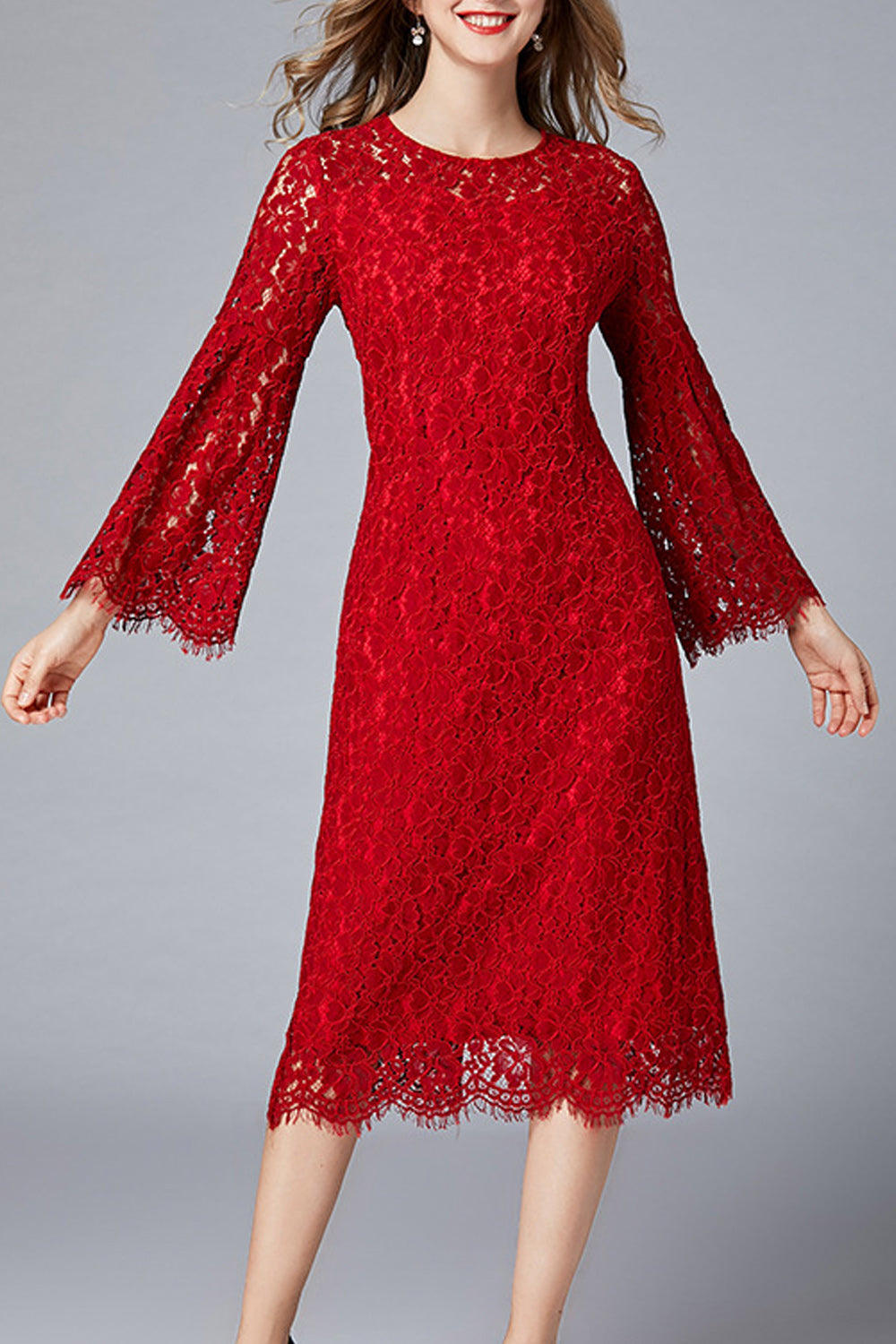 Women Beautiful Floral Lace Solid Color Flare Sleeve Dress