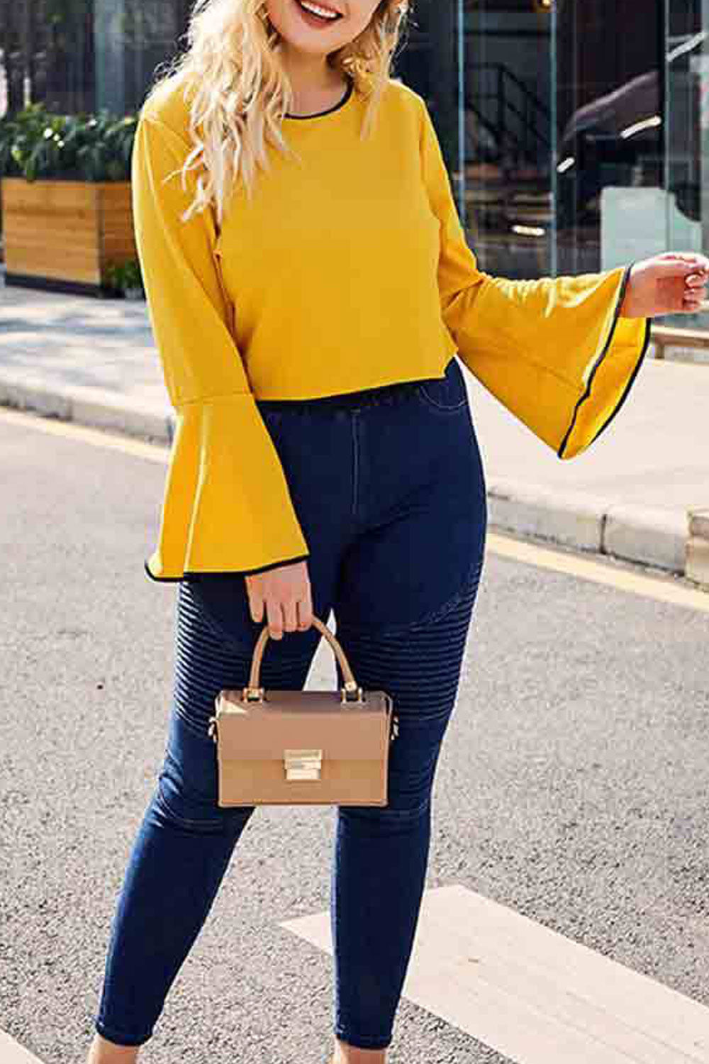 Women Plus Fashion Round Neck Bell Sleeve Solid Top