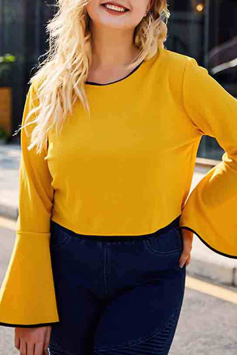 Women Plus Fashion Round Neck Bell Sleeve Solid Top