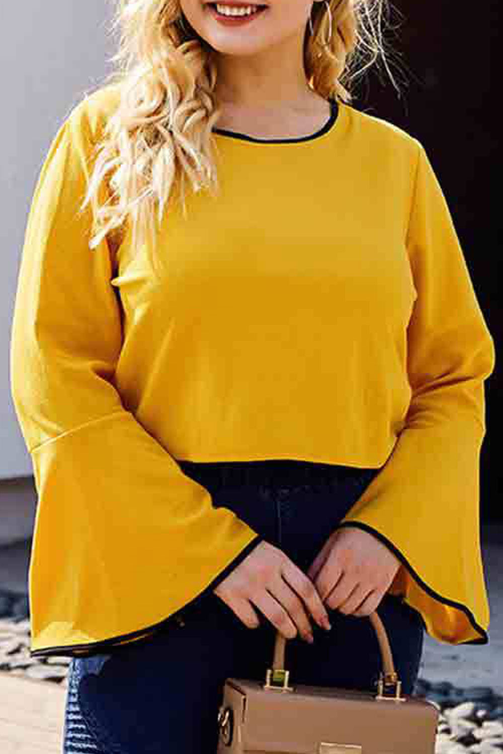 Women Plus Fashion Round Neck Bell Sleeve Solid Top