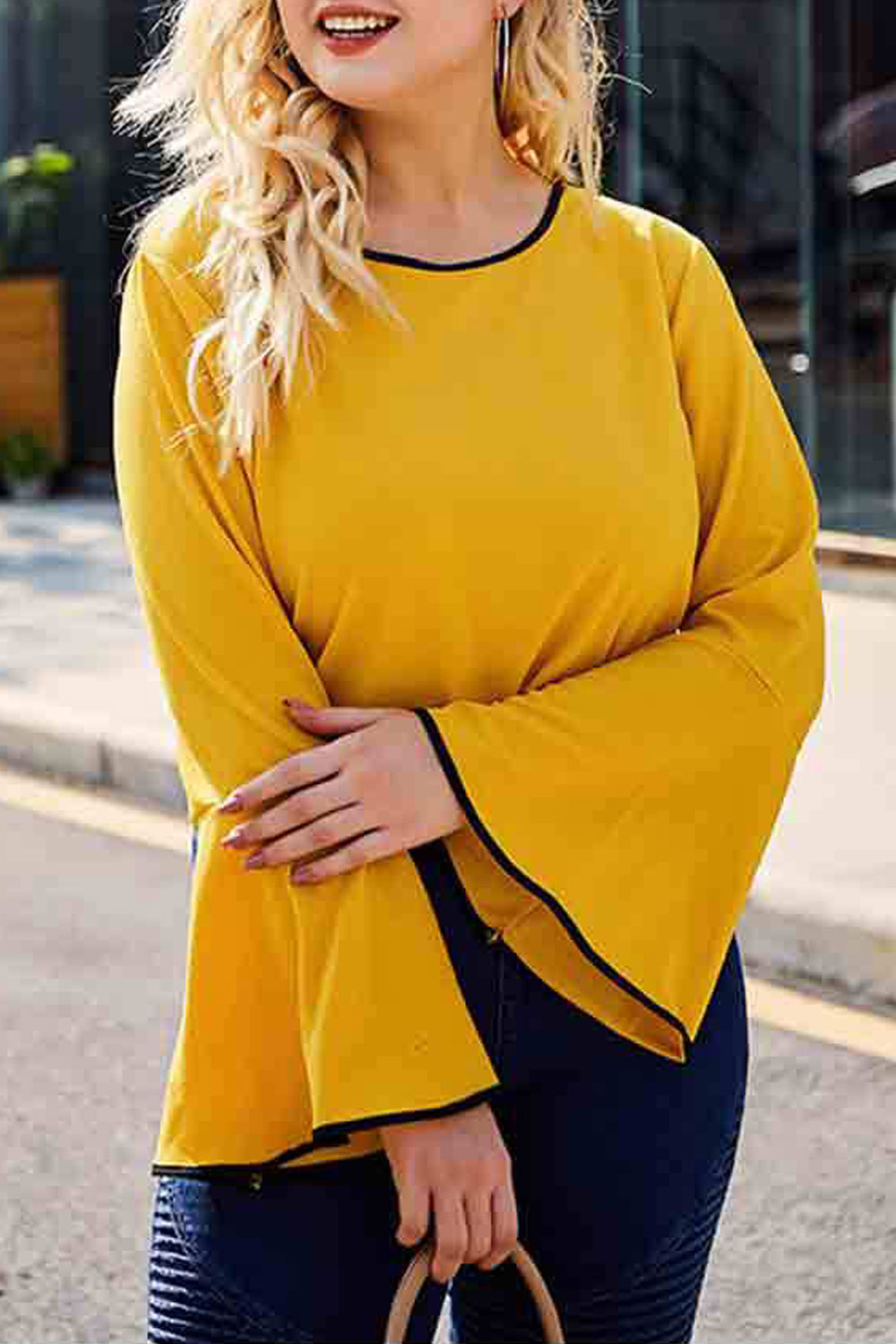Women Plus Fashion Round Neck Bell Sleeve Solid Top