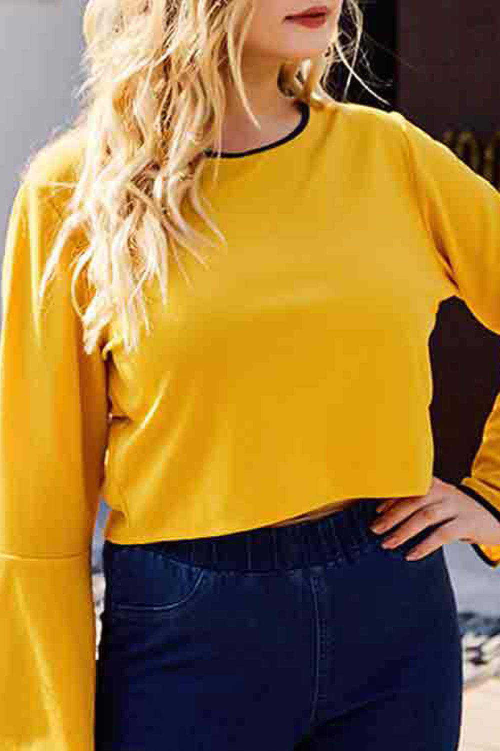 Women Plus Fashion Round Neck Bell Sleeve Solid Top