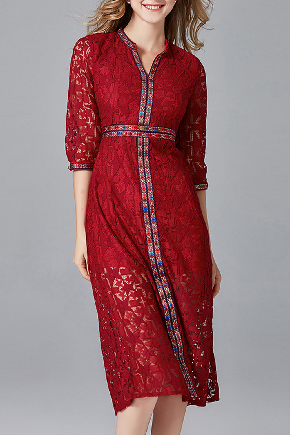 Women Floral V-Neck Lace Up Half Sleeve Fashion Dress