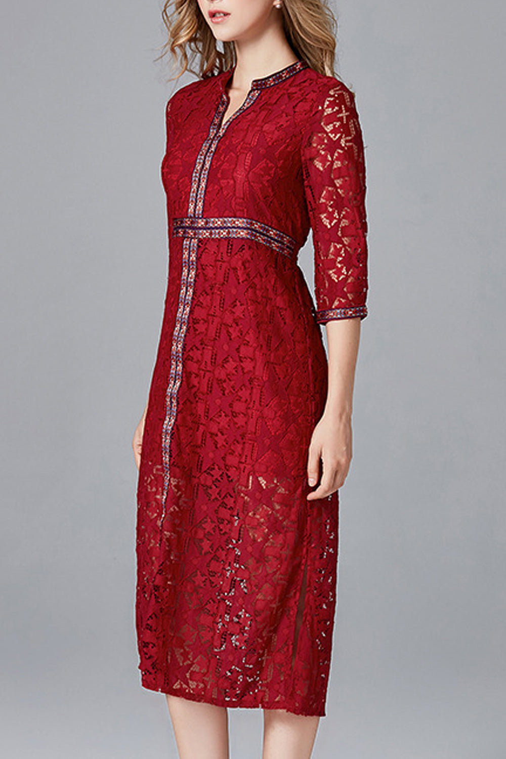 Women Floral V-Neck Lace Up Half Sleeve Fashion Dress