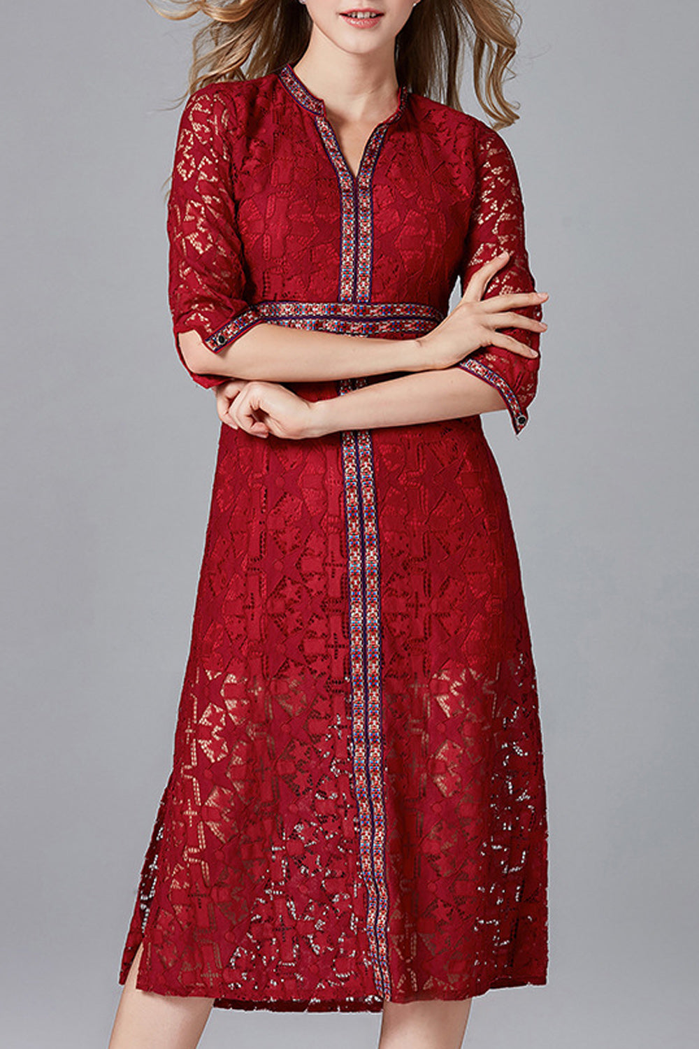 Women Floral V-Neck Lace Up Half Sleeve Fashion Dress
