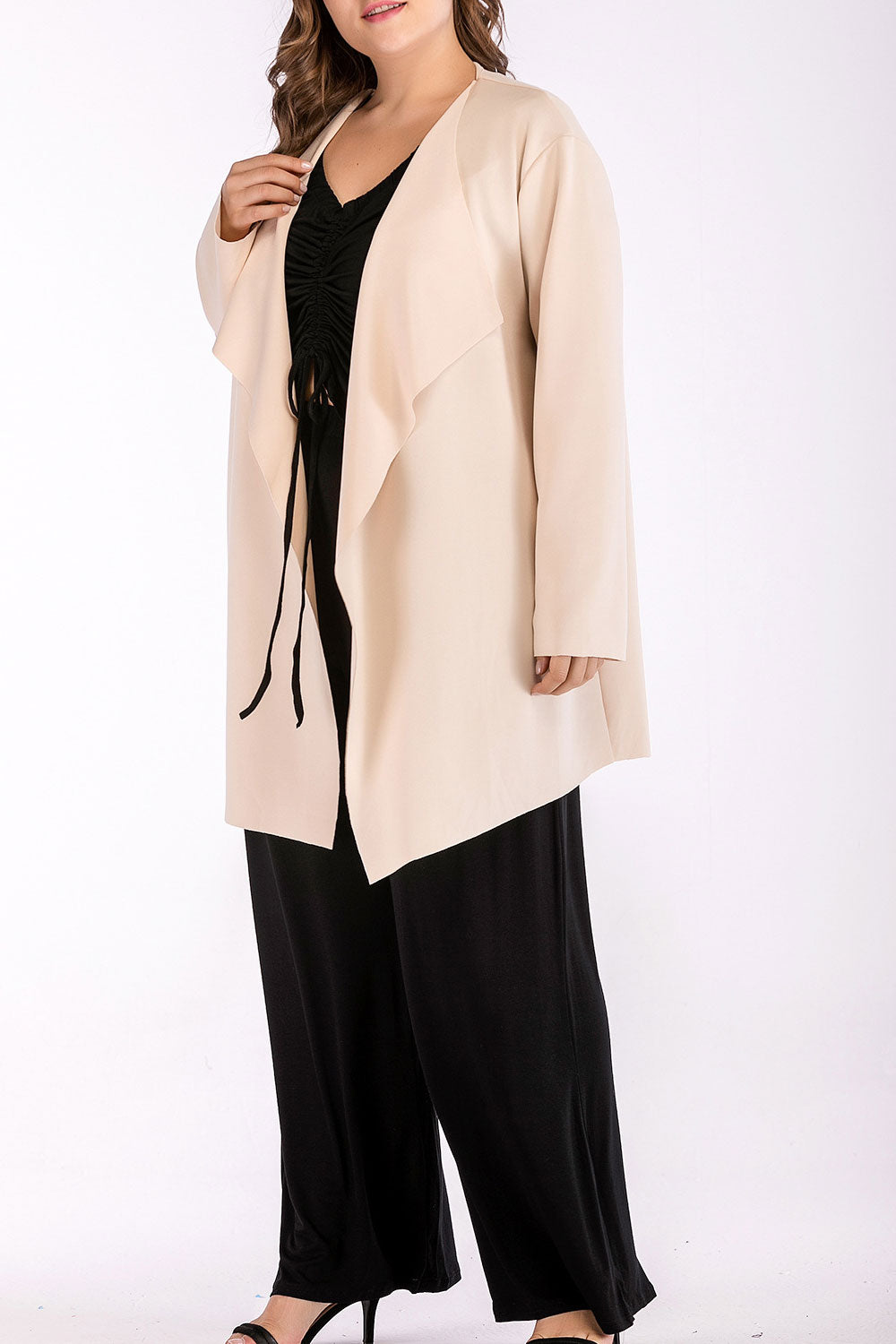 Women Plus V-Neck Long Sleeve Loose Tie Waist Shirt