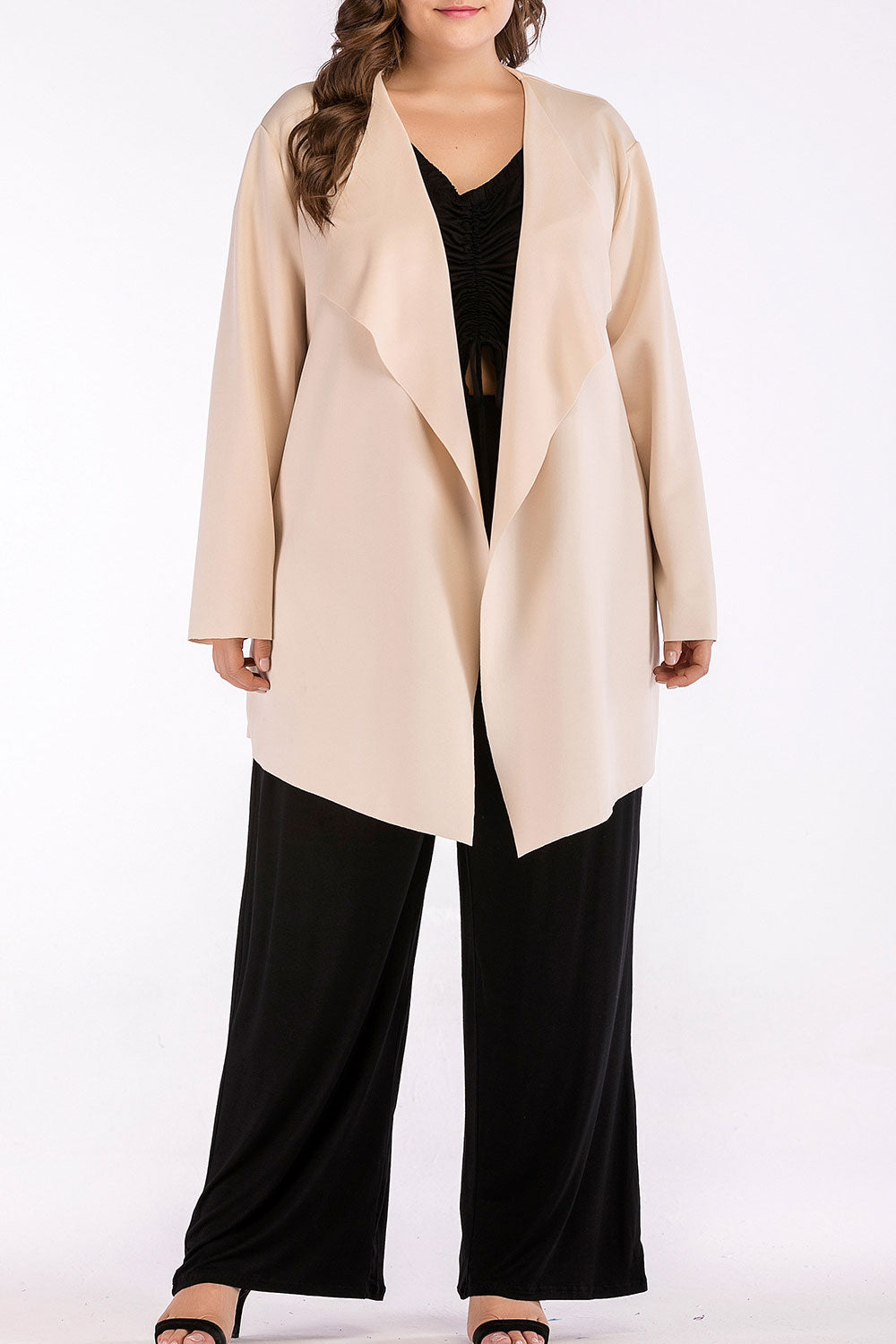 Women Plus V-Neck Long Sleeve Loose Tie Waist Shirt