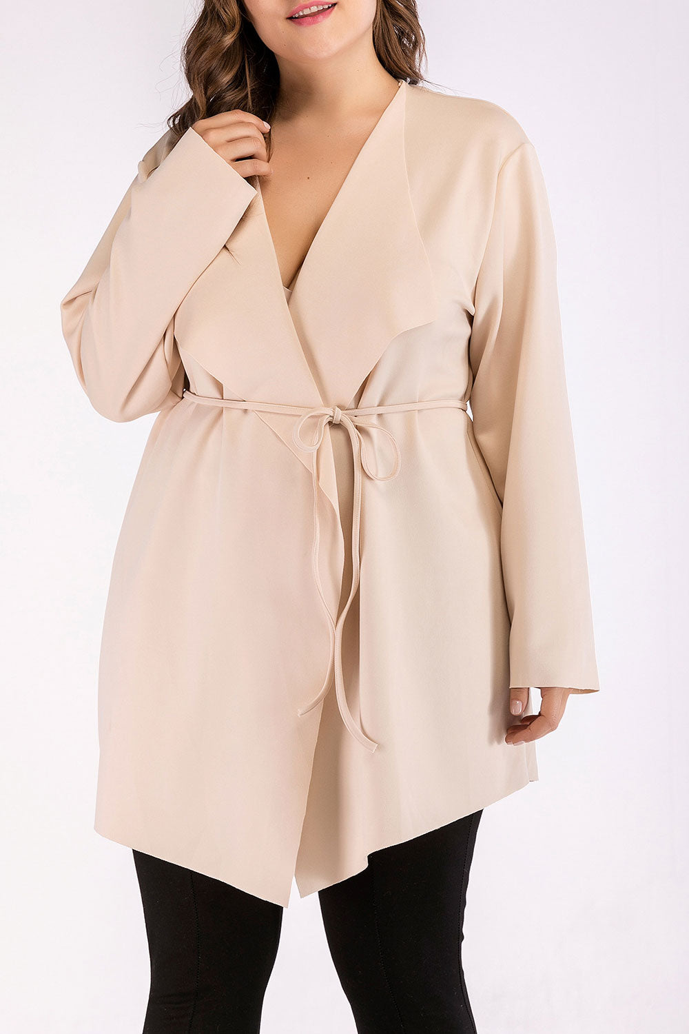 Women Plus V-Neck Long Sleeve Loose Tie Waist Shirt