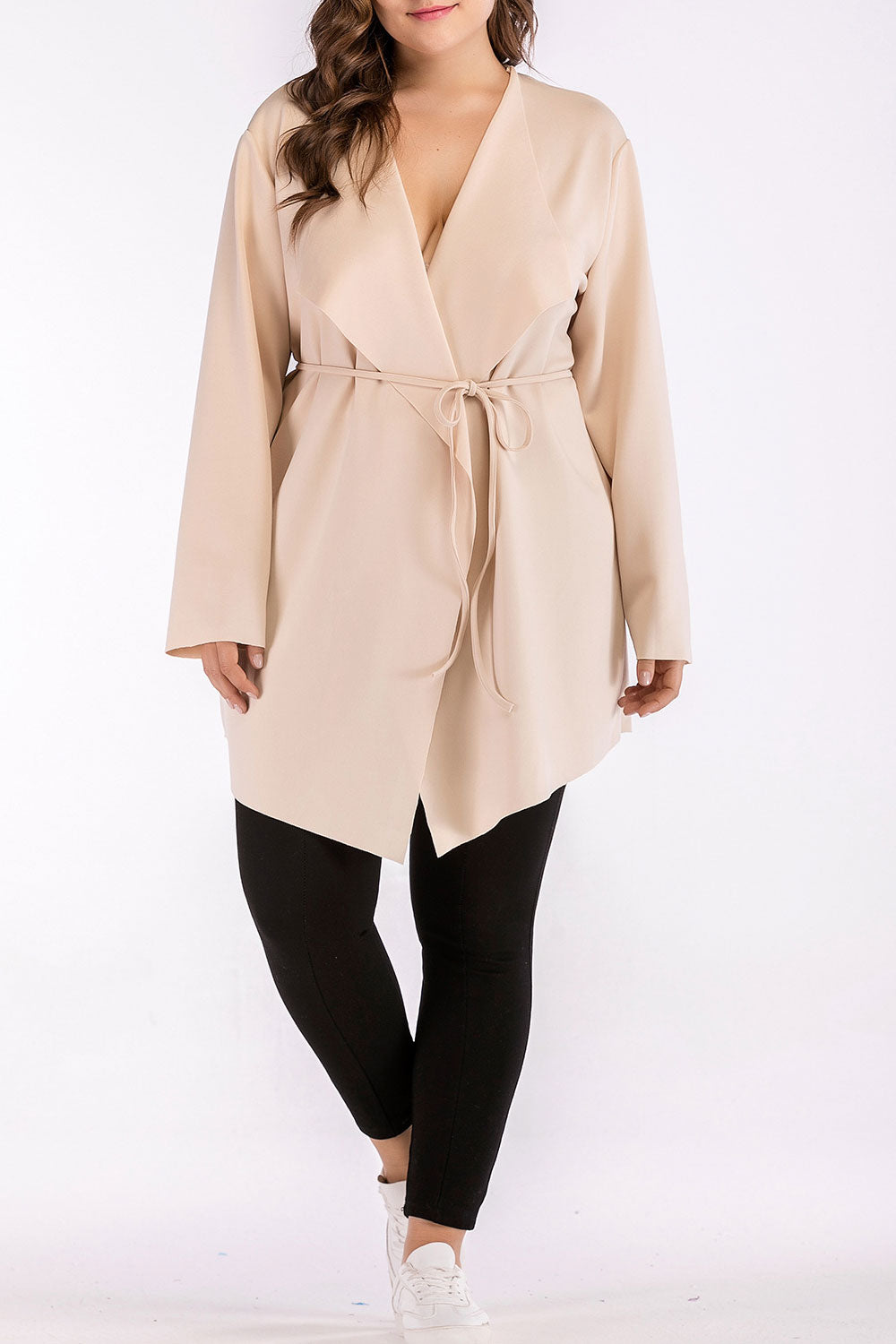 Women Plus V-Neck Long Sleeve Loose Tie Waist Shirt