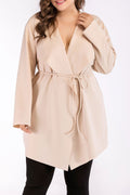 Women Plus V-Neck Long Sleeve Loose Tie Waist Shirt