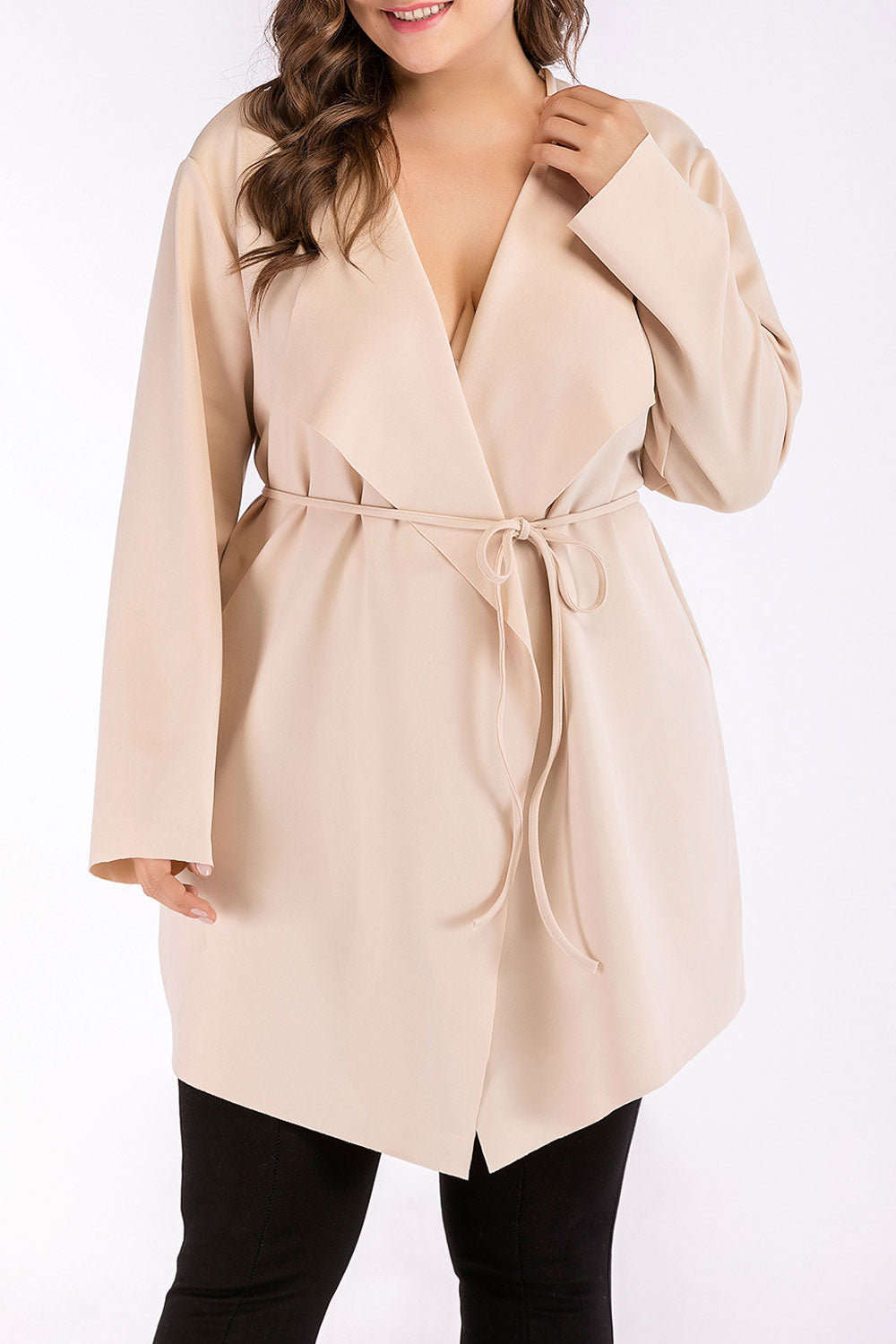 Women Plus V-Neck Long Sleeve Loose Tie Waist Shirt