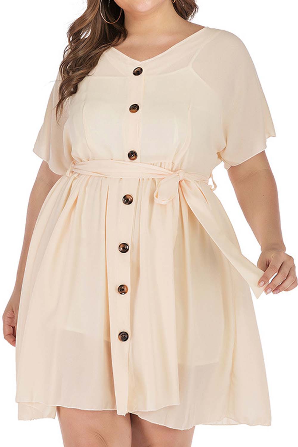 Women Plus V-Neck Button Decorated Waist Strap Dress
