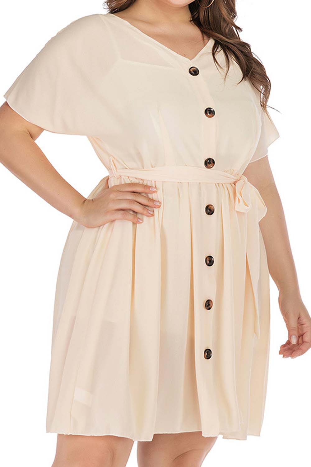 Women Plus V-Neck Button Decorated Waist Strap Dress