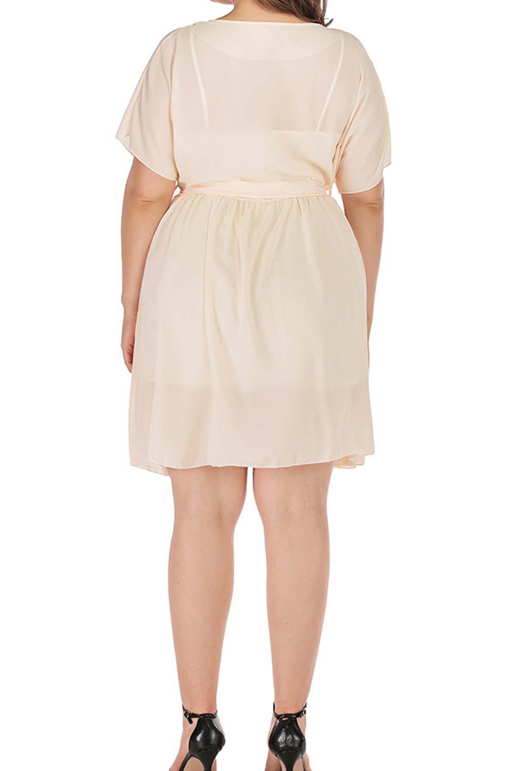 Women Plus V-Neck Button Decorated Waist Strap Dress